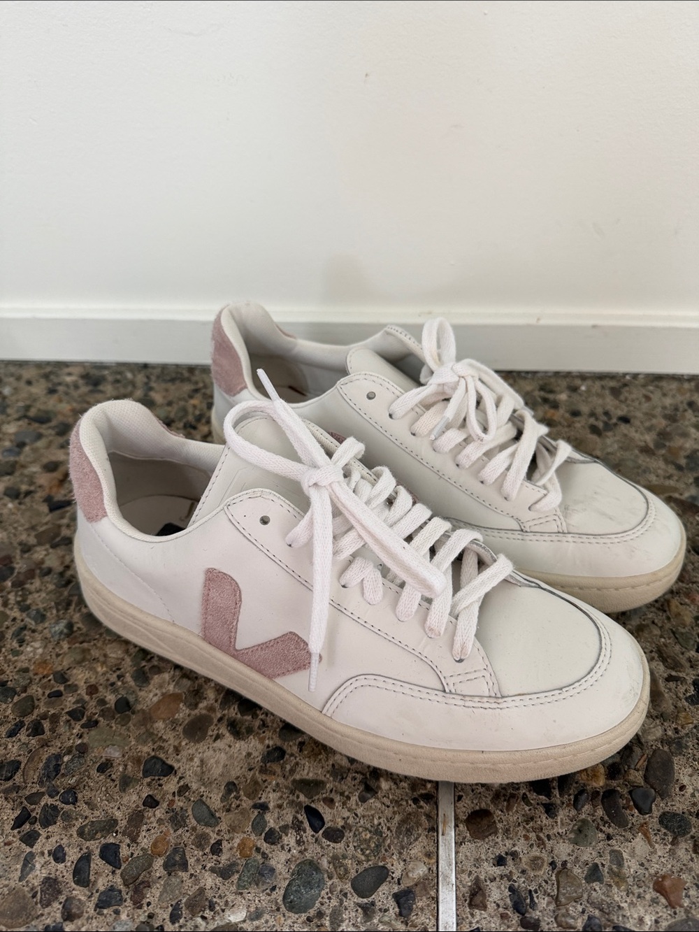 Veja White Sneakers with Blush Pink V Logo